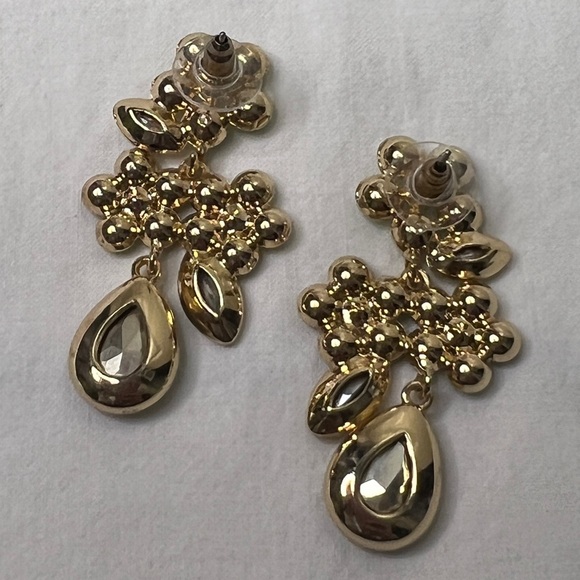 Teal Crystal Floral Drop Earrings | Gold Tone | Statement Dangle | Women - Picture 5 of 6